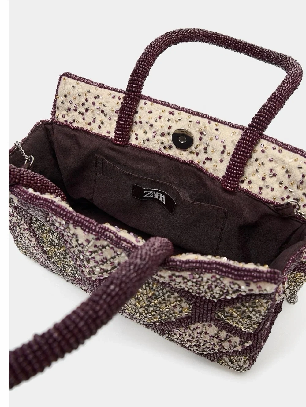Zara Beaded Tote in Cream and Plum
